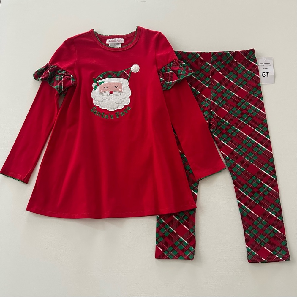 Jessica Ann 5T Toddler Girl Santa Top Leggings Set Outfit Holiday Christmas